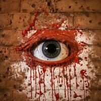 a close up of a bloody eye on a brick wall generative ai photo