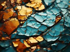 a close up of a blue and gold crackled surface generative ai photo