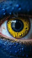 a close up of a blue and yellow eye generative ai photo