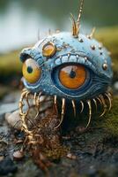 a close up of a blue and yellow creature with big eyes generative ai photo