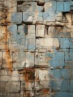 a close up of a blue and white wall with peeling paint generative ai photo