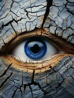 a close up of a blue eye on a cracked wooden surface generative ai photo