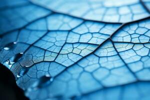 un cerca arriba de un azul hoja con agua gotas en eso generativo ai foto