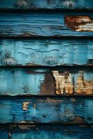 a close up of a blue painted wood wall with peeling paint generative ai photo