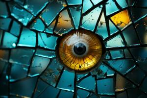 a close up of a broken glass with an eye in it generative ai photo