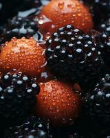 un cerca arriba de un manojo de moras con agua gotas en ellos generativo ai foto