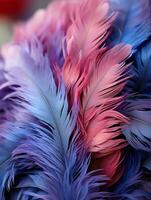 a close up of a bunch of blue and pink feathers generative ai photo