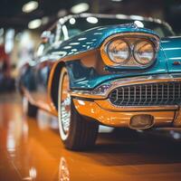 a close up of a classic car on display in a showroom generative ai photo