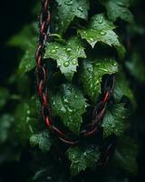 a close up of a chain with green leaves and water droplets generative ai photo