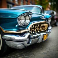 a close up of a classic car parked on the side of the road generative ai photo