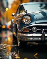 un cerca arriba de un clásico coche estacionado en un mojado calle generativo ai foto