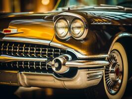 a close up of a classic car with its headlights on generative ai photo