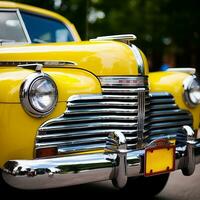 a close up of a classic yellow car parked on the side of the road generative ai photo