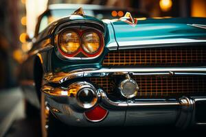 a close up of a classic car with headlights on generative ai photo