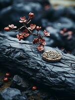 a close up of a coin and a flower on a log generative ai photo