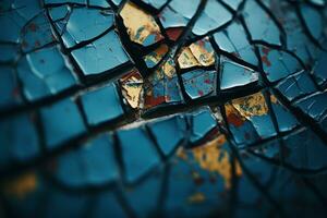 a close up of a cracked blue wall with gold paint on it generative ai photo