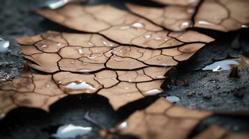 a close up of a cracked leaf with water droplets on it generative ai photo