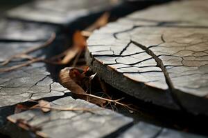 a close up of a cracked stone with leaves on it generative ai photo