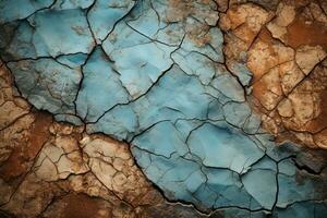 a close up of a cracked wall with blue paint on it generative ai photo
