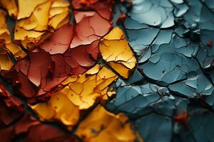 a close up of a cracked wall with red yellow and blue paint generative ai photo