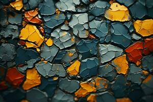 a close up of a cracked wall with orange blue and yellow paint generative ai photo