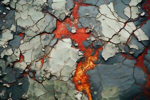 un cerca arriba de un agrietado pared con rojo y naranja pintar generativo ai foto