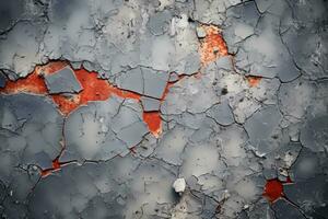 un cerca arriba de un agrietado pared con rojo pintar en eso generativo ai foto