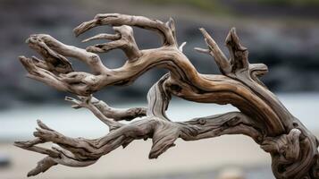 a close up of a dead tree branch with a beach in the background generative ai photo