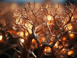 a close up of a dead tree with lights in the background generative ai photo
