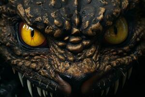 a close up of a dragons face with yellow eyes generative ai photo