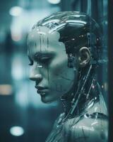 a close up of a female robot in a dark room generative ai photo