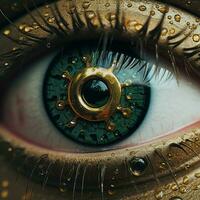 a close up of a green eye with gold and water droplets on it generative ai photo