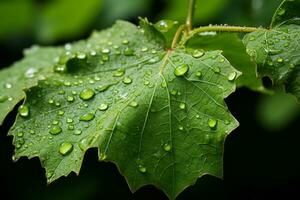 a close up of a green leaf with water droplets on it generative ai photo