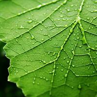 a close up of a green leaf with water droplets generative ai photo