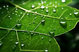 a close up of a green leaf with water droplets on it generative ai photo