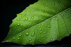 a close up of a green leaf with water droplets on it generative ai photo