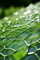 a close up of a green leaf with water droplets on it generative ai photo