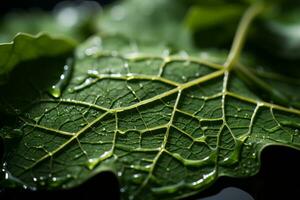 un cerca arriba de un hoja con agua gotas en eso generativo ai foto