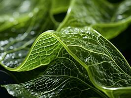 un cerca arriba de un hoja con agua gotas en eso generativo ai foto