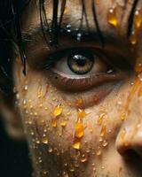 a close up of a mans face covered in water droplets generative ai photo