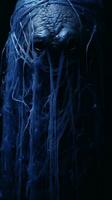 a close up of a mans face covered in blue hair generative ai photo