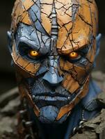 a close up of a mans face with orange eyes generative ai photo