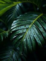 a close up of a palm leaf with water droplets on it generative ai photo