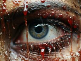 a close up of a persons eye with blood dripping from it generative ai photo