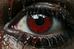 a close up of a persons eye with blood on it generative ai photo