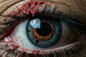 a close up of a persons eye with blood on it generative ai photo