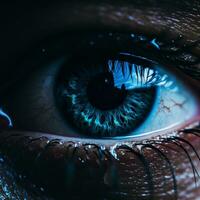 a close up of a persons eye with blue iris generative ai photo