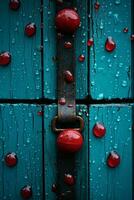 a close up of a red and blue door with water droplets on it generative ai photo