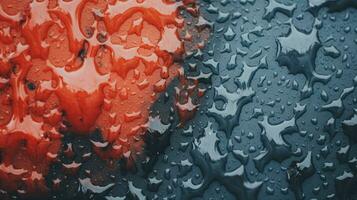 a close up of a red and blue car with water droplets on it generative ai photo