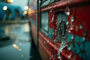 a close up of a red bus with water on it generative ai photo